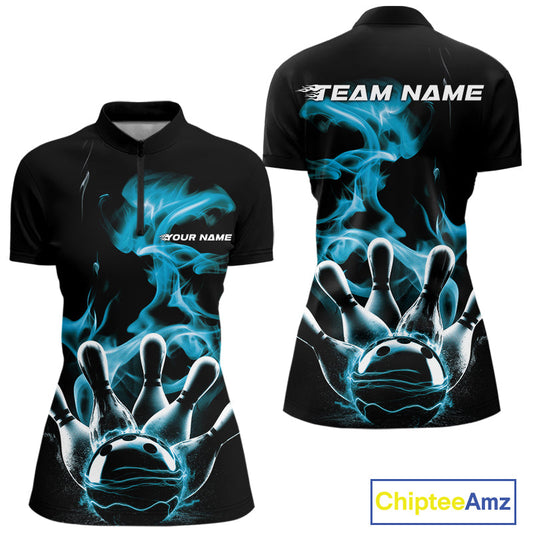 Custom Blue Smoke Bowling Quarter-Zip Team Shirts For Women, Flame Bowling League Shirt IPHW9565