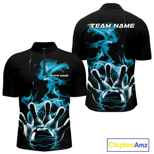 Custom Blue Smoke Bowling Quarter-Zip Team Shirts For Men, Flame Bowling League Shirt IPHW9565