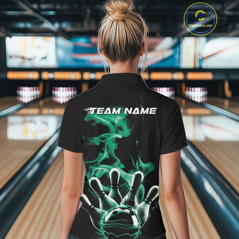 Custom Green Smoke Bowling Polo Team Shirts For Women, Flame Bowling League Shirt IPHW9566