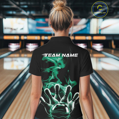 Custom Green Smoke Bowling Polo Team Shirts For Women, Flame Bowling League Shirt IPHW9566