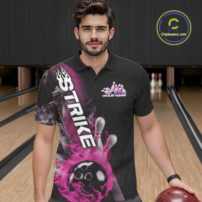 Custom Pink Flame Strike Bowling Team Polo Shirts For Men, Fire Bowling Jerseys IPHW9573