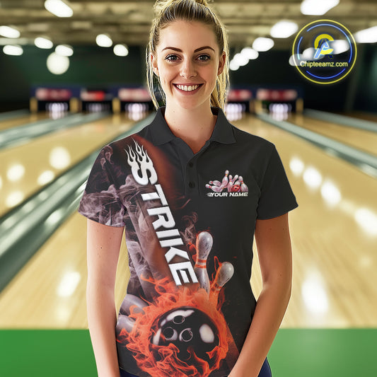 Custom Orange Flame Strike Bowling Team Polo Shirts For Women, Fire Bowling Jerseys IPHW9574