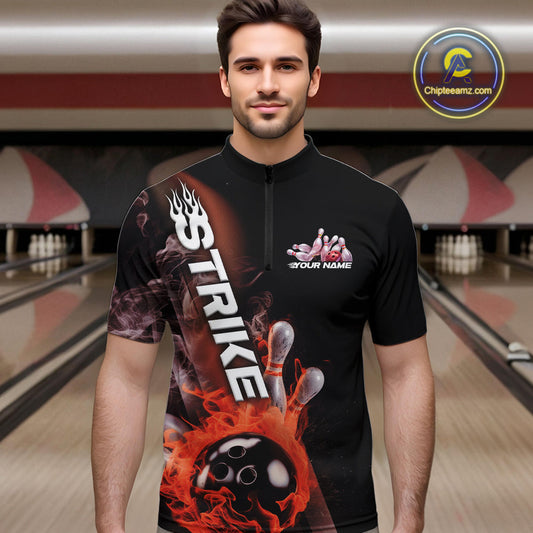 Custom Orange Flame Strike Bowling Team Quarter-Zip Shirts For Men, Fire Bowling Jerseys IPHW9574