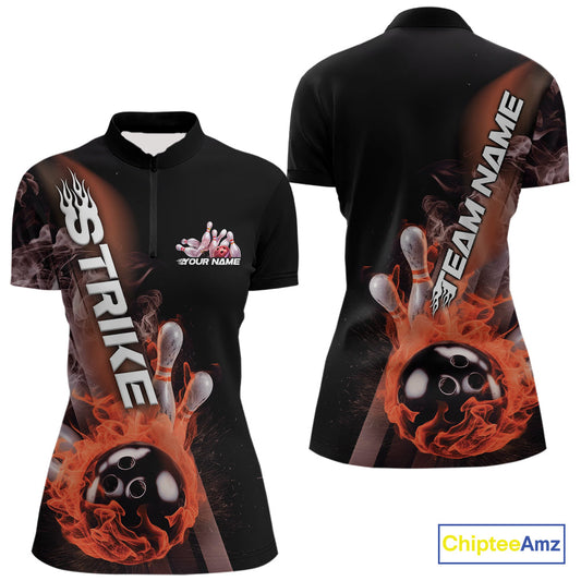 Custom Orange Flame Strike Bowling Team Women Quarter-Zip Shirt, Fire Bowling Jerseys IPHW9574