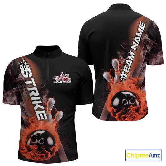 Custom Orange Flame Strike Bowling Team Quarter-Zip Shirts For Men, Fire Bowling Jerseys IPHW9574