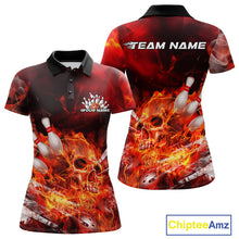 Load image into Gallery viewer, Custom Fire Flame Skull Bowling Polo Shirts For Women, Halloween Bowling Outfits IPHW9575