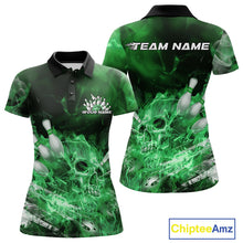 Load image into Gallery viewer, Custom Green Fire Flame Skull Bowling Polo Shirts For Women, Halloween Bowling Outfits IPHW9577