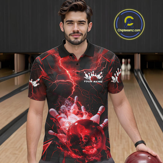 Custom Red Thunder Lightning Bowling Team Polo Shirts For Men, Red Bowling Jerseys IPHW9581