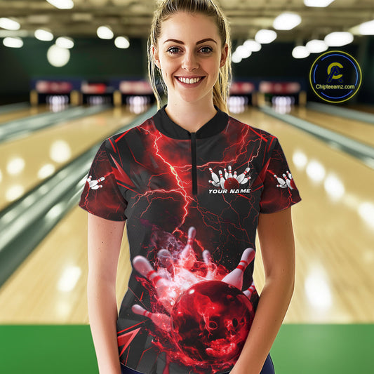 Custom Red Thunder Lightning Bowling Team Women Quarter-Zip Shirt, Red Bowling Jerseys IPHW9581