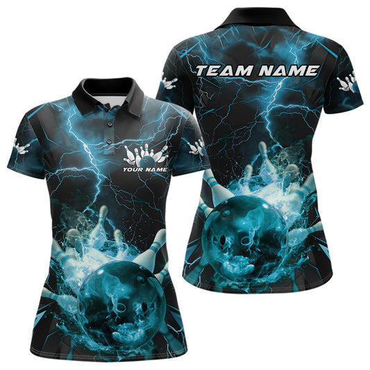 Custom Blue Thunder Lightning Bowling Team Polo Shirts For Women, Red Bowling Jerseys IPHW9582