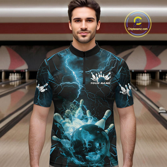 Custom Blue Thunder Lightning Bowling Team Quarter-Zip Shirts For Men, Red Bowling Jerseys IPHW9582