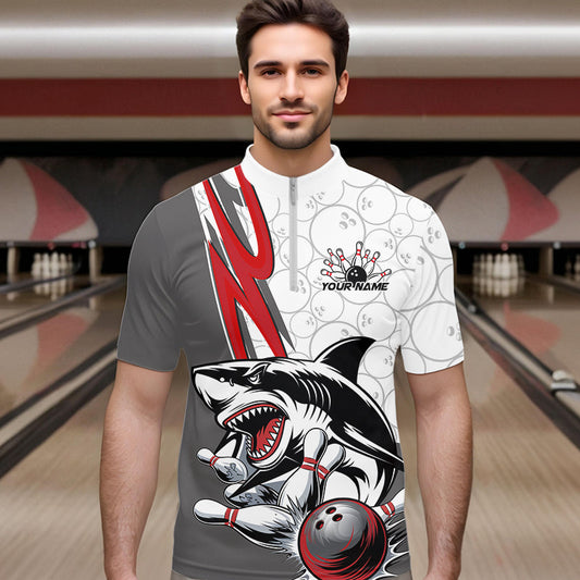 Custom Red Shark Bowling Quarter-Zip Shirts For Men, Shark Bowling Team Tournament Outfits IPHW8728