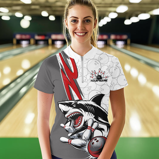 Custom Red Shark Bowling Quarter-Zip Shirt For Women, Shark Bowling Team Tournament Outfits IPHW8728