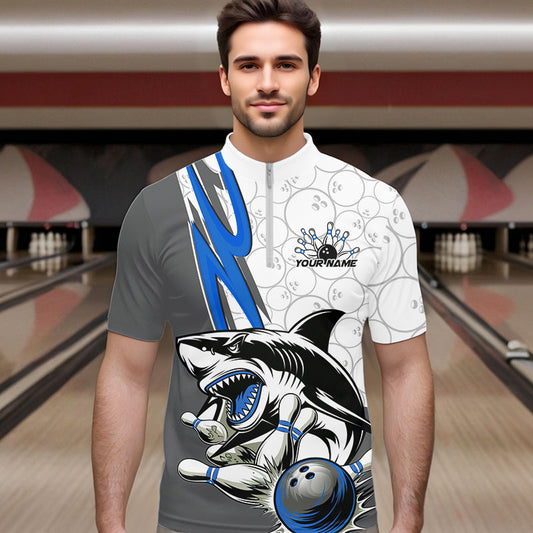Custom Blue Shark Bowling Quarter-Zip Shirts For Men, Shark Bowling Team Tournament Outfits IPHW8729