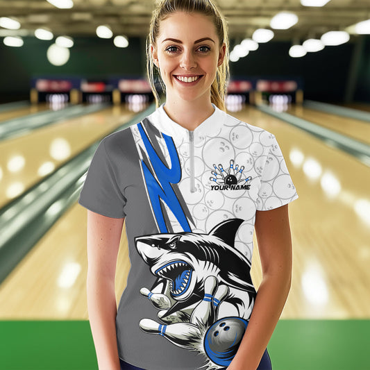 Custom Blue Shark Bowling Women Quarter-Zip Shirts, Shark Bowling Team Tournament Outfits IPHW8729