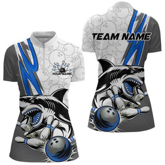 Custom Blue Shark Bowling Women Quarter-Zip Shirts, Shark Bowling Team Tournament Outfits IPHW8729