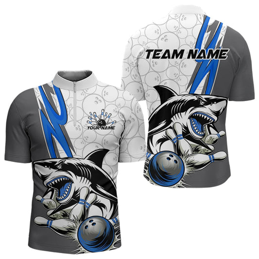 Custom Blue Shark Bowling Quarter-Zip Shirts For Men, Shark Bowling Team Tournament Outfits IPHW8729