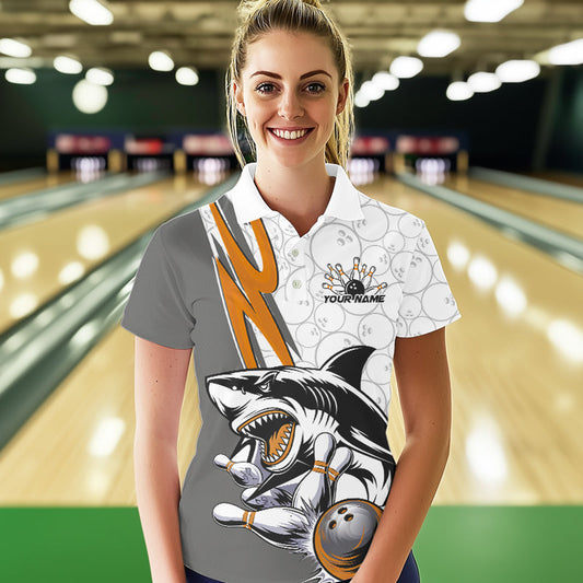 Custom Orange Shark Bowling Polo Shirts For Women, Shark Bowling Team Tournament Outfits IPHW8730