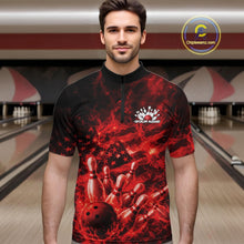 Load image into Gallery viewer, Custom Red Fire Patriotic Bowling Team Men Quarter-Zip Shirt, American Flag Flame Bowling Jersey IPHW11107