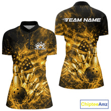 Load image into Gallery viewer, Custom Yellow Fire Patriotic Bowling Women Shirt, American Flag Flame Bowling Jersey IPHW11108