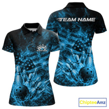Load image into Gallery viewer, Custom Blue Fire Patriotic Bowling Women Polo Shirt, American Flag Flame Bowling Jersey IPHW11109