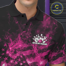 Load image into Gallery viewer, Custom Pink Fire Patriotic Bowling Men Polo Shirt, American Flag Flame Bowling Jersey IPHW11110