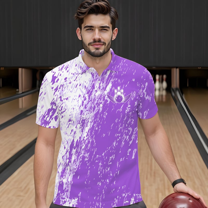 Personalized White And Purple Bowling Team Polo Shirts For Men, Bowling Tournament Outfits IPHW8744
