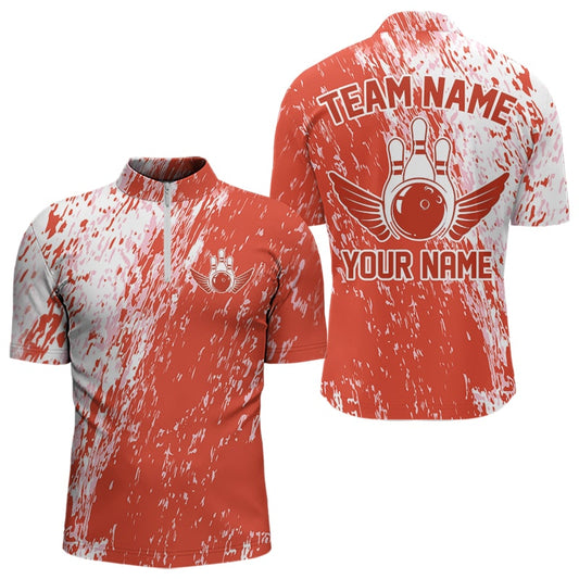 Personalized White And Orange Bowling Team Quarter-Zip Shirts For Men, Bowling Tournament Outfits IPHW8745