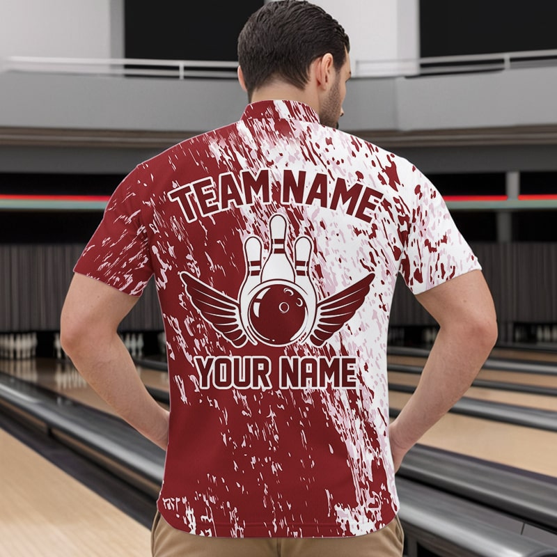 Personalized White And Brick Red Bowling Team Men Quarter-Zip Shirts, Bowling Tournament Outfits IPHW8746