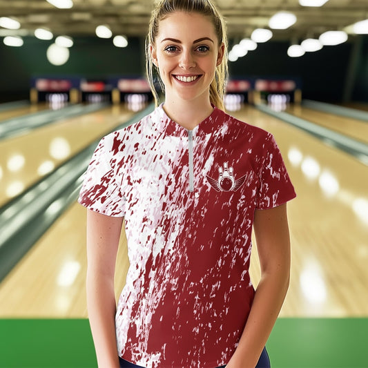Custom White And Brick Red Bowling Quarter-Zip Shirts For Women, Bowling Tournament Outfits IPHW8746