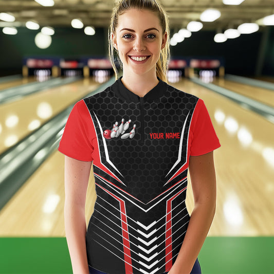 Custom Black And Red Eagle Bowling Jerseys, Bowling Team Women Quarter-Zip Shirts IPHW8748