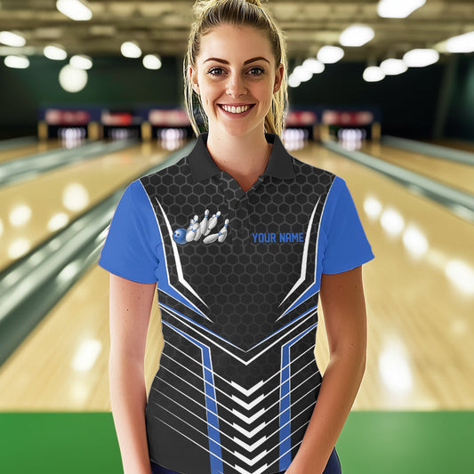 Custom Black And Blue Eagle Bowling Jerseys, Bowling Team Women Polo Shirts Bowlers Outfits IPHW8750