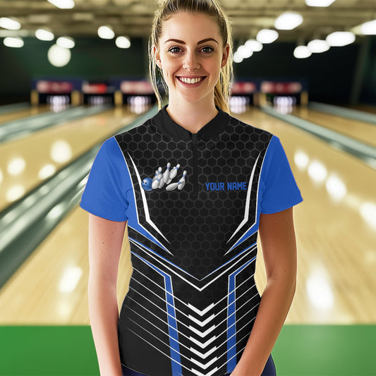 Custom Black And Blue Eagle Bowling Jerseys, Bowling Team Women Quarter-Zip Shirts IPHW8750