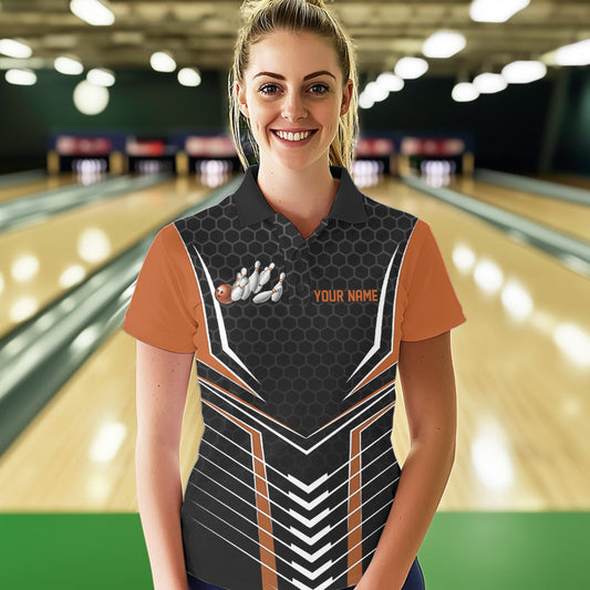 Custom Black And Orange Eagle Bowling Jerseys, Bowling Team Women Polo Shirt Bowlers Outfit IPHW8751