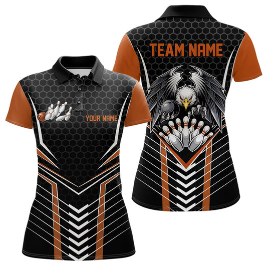Custom Black And Orange Eagle Bowling Jerseys, Bowling Team Women Polo Shirt Bowlers Outfit IPHW8751