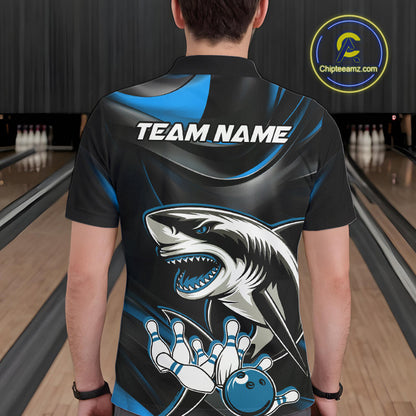 Custom Black And Blue Shark Bowling Team Polo Shirts For Men, Bowling League Shirt IPHW9003