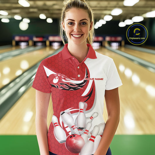 Custom White And Red Bowling Polo Shirts For Women, Flame Bowling Team Shirt IPHW9240