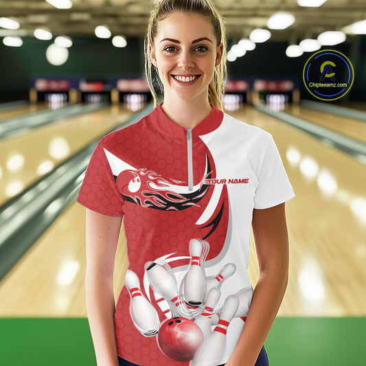 Custom White And Red Bowling Quarter-Zip Shirts For Women, Flame Bowling Team Shirt IPHW9240