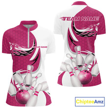Load image into Gallery viewer, Custom White And Pink Bowling Quarter-Zip Shirts For Women, Flame Bowling Team Shirt IPHW9241