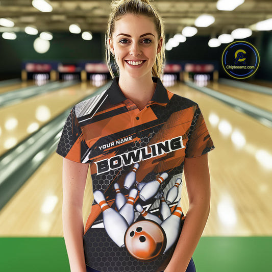 Custom Black And Orange Hexagon Pattern Bowling Women Polo Shirts, Bowling Team Uniform IPHW9421