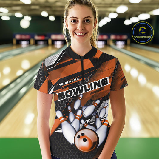 Custom Black And Orange Hexagon Pattern Bowling Women Quarter-Zip Shirts, Team Uniform IPHW9421
