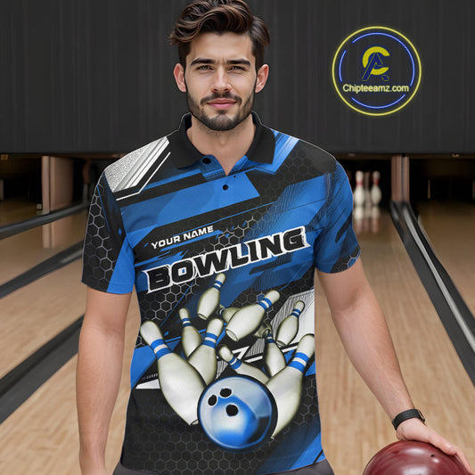Custom Black And Blue Hexagon Pattern Bowling Polo Shirts For Men, Bowling Team Uniform IPHW9422