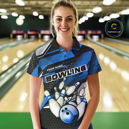 Custom Black And Blue Hexagon Pattern Bowling Polo Shirts For Women, Bowling Team Uniform IPHW9422