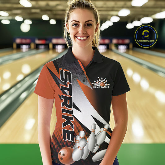 Custom Black And Orange Strike Bowling Polo Shirts For Women, Bowling Team Uniform IPHW9424
