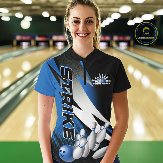 Custom Black And Blue Strike Bowling Women Quarter-Zip Shirts, Bowling Team Uniform IPHW9425