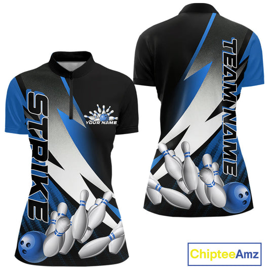 Custom Black And Blue Strike Bowling Women Quarter-Zip Shirts, Bowling Team Uniform IPHW9425