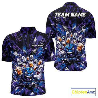 Front and back view of a blue and purple men's bowling quarter-zip shirt showcasing a blue monster bowling ball leading monster bowling pins holding overflowing beer mugs with vibrant graffiti-style splatter graphics.