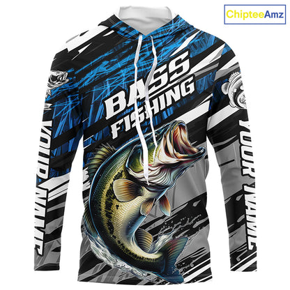 Bass Fishing Camo Long Sleeve Fishing Shirts, Custom Bass Tournament Fishing Jerseys | Blue IPHW5959