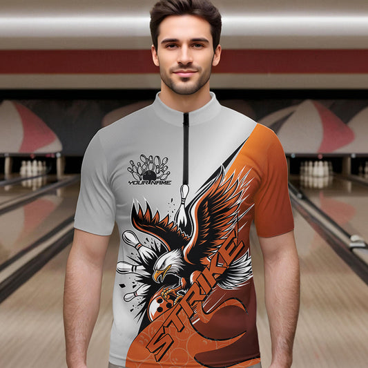 Custom Orange Eagle Bowling Team Men Quarter-Zip Shirts, Eagle Bowling League Shirt Bowlers Outfit IPHW8754