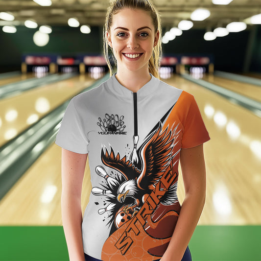 Custom Orange Eagle Bowling Team Women Quarter-Zip Shirt, Bowling Team Shirt Bowlers Outfit IPHW8754
